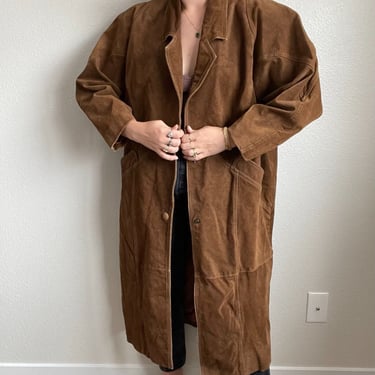 Vintage 80s Womens Brown Oversized Suede Leather Trench Coat Yellowstone Sz L 