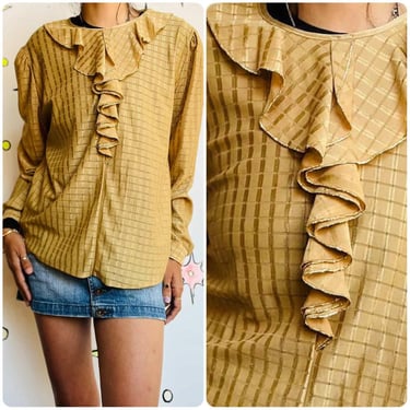 Vintage 70s Gold Metallic Ruffle Blouse | Rococo Clowncore Glam Top | M 
