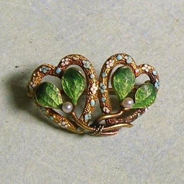 Antique 14K Gold and Enamel Double Heart Brooch Pin With Pearls, Antique Art Nouveau Enamel Pin, 14K Gold Brooch (#4528) 