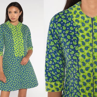 Paisley Quilted Dress Blue Lime Green Dress Mod Mini Dress 60s 70s Front Zipper Shift 1960s Hippie Vintage Sixties Psychedelic Twiggy Small 