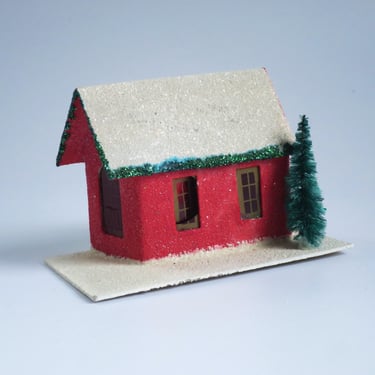 Vintage Cardboard Glitter House made in Japan, MCM Red Putz Village Home 
