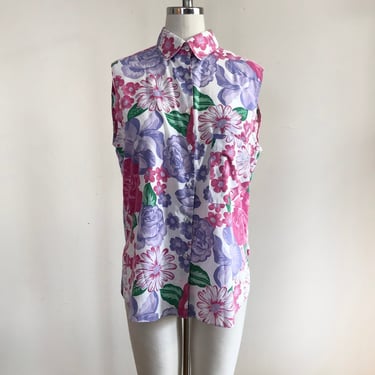 Sleeveless Floral Print Button-Down Blouse - 1980s - By Diane Von Furstenberg 