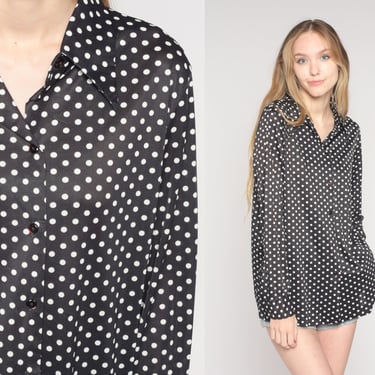 70s Polka Dot Shirt Black White Button Up Top Retro Disco Dagger Pointed Collar Groovy Seventies Boho Long Sleeve Vintage 1970s Large L 