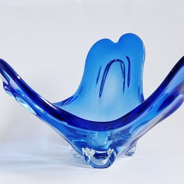 Vintage Blue Glass Bowl | Bohemian Czech Art Glass | Chribská Glassworks | Organic shape | Vintage Czech Glass | 70s | 