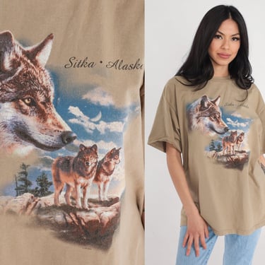 Alaska Wolf Shirt 90s Sitka T-Shirt Wild Animal Wolfpack Graphic Tee Retro Tourist TShirt USA AK Wildlife Nature Vintage 1990s Mens Large L 