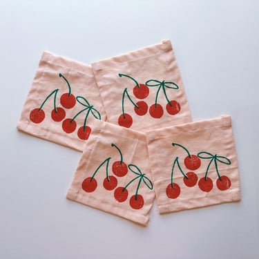 linen cocktail napkins. cherries on blush. hand block printed. boho decor. hostess or housewarming gift. birthday party decor. 