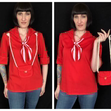 Vintage 60s 70s Red Cotton Nautical Blouse w/ Striped Neck Tie and Attached Purse - size Medium 