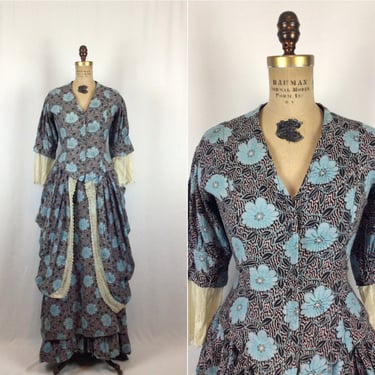 Antique Victorian dress | Vinatge blue floral walking dress | 1800s Victorian toilette costume dress 