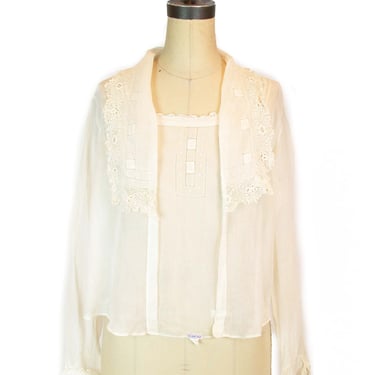 1920s Blouse ~ White Cotton Irish Crochet Lace Collar Top 