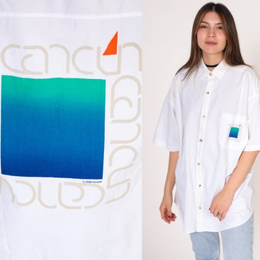 Cancun Shirt 90s Button up Shirt Peter Mussfeldt Art Print Mexico Short Sleeve Collared Summer White Cotton Top Vintage 1990s Extra Large xl 