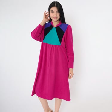 Vintage Velour Lounge Dress 80s Fuchsia Color Block Midi Dress Front Zip Up Pajama Robe High Neck Long Puff Sleeve Loungewear 1980s Medium M 