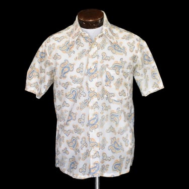 Vintage 70s Paisley Print Shirt, 1970s Semi Sheer Textured Polyester Button Front, Size Medium 