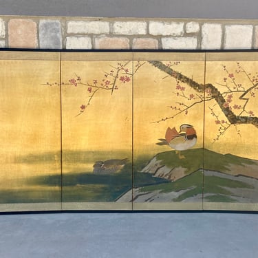 Vintage Japanese Folding 4-Panel Silk Screen Painting 
