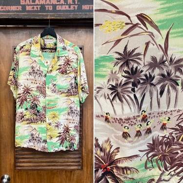 Vintage 1950’s Hula Girl Tropical Crepe Tiki Island Hawaiian Shirt, 50’s Loop Collar, Vintage Clothing 