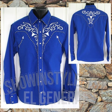 El General Vintage Retro Western Men's Cowboy & Rodeo Shirt, Electric Blue, Embroidered Swirls and Longhorns, Size Medium (see meas. photo) 