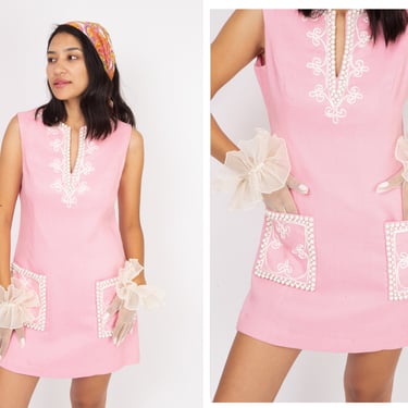 Vintage 1960s 60s Baby Pink Shift Mini Dress w/ Soutache Trim, Front Pockets, White Metal Gems // Retro Mod 60s Tiwggy 