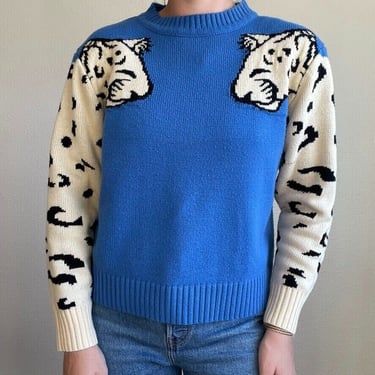 Leopard Sleeve Womens Abstract Novelty Animal Crewneck Blue Sweater Sz L 