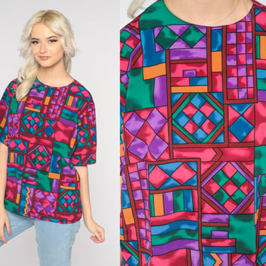 80s Geometric Blouse Abstract Rainbow Square Print Shirt Patterned Top Short Sleeve Retro Boho Hipster Grunge Bohemian Vintage 1980s Large L 