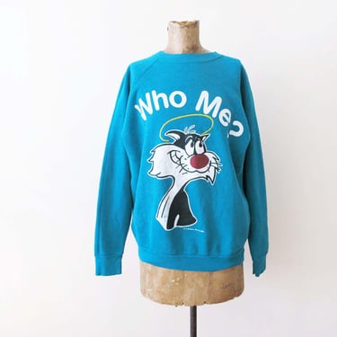 Vintage 80s Looney Tunes Sylvester Cat Raglan Sweatshirt S M - Black White Who Me Devil Angel Kitty Crewneck Jumper Teal Blue Cat Lady Lover 