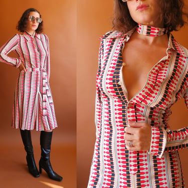 Vintage 70s Diane Von Furstenberg Jersey Dress/ 1970s Red White Black Long Sleeve Dress/ Size Medium 
