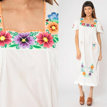 Vintage White Mexican Dress Embroidered Floral Midi Puff Sleeve Peasant Dress Boho Cotton Tunic Hippie 80s Bohemian Medium 