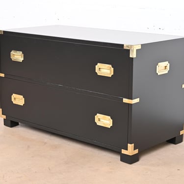Michael Taylor for Baker Furniture Hollywood Regency Black Lacquered Campaign Commode or Chest of Drawers, Newly Refinished