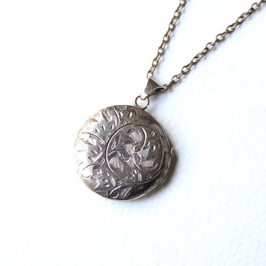 Antique Sterling Silver Engraved Double Photo Small Round Locket - 925 Italy Cable Chain Pendant Necklace 