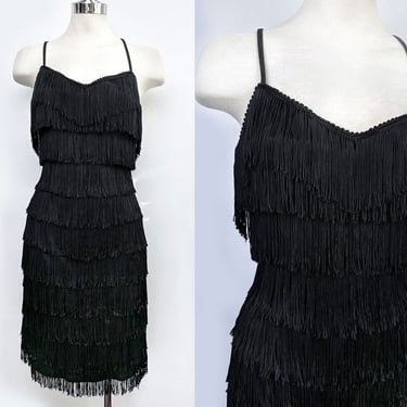 70's Black Fringe Dress Vintage Flapper Style Evening Party Dress 1970's, 1980's Prom Holiday Dress Gown 