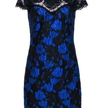 Tadashi Shoji - Blue & Black Floral Brocade Lace Detail Dress Sz 12