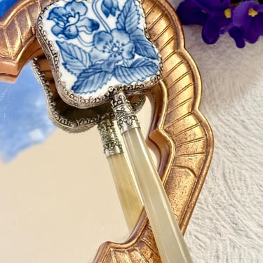 Porcelain Hand Mirror, Blue White Chinoiserie, Natural Stone Handle, Asian Design, Nephrite Jade, Original Box 