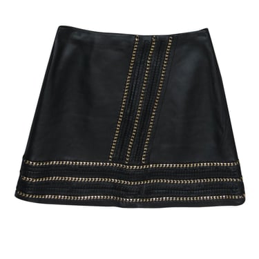 Alice &amp; Olivia - Black Smooth Leather Miniskirt w/ Chain Link Trim Sz 2
