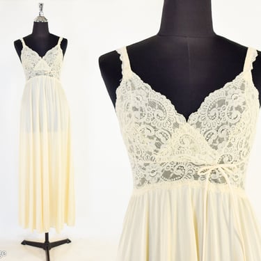 1970s Yellow Lace Nightgown | 70s Pale Yellow Lace Nightgown | Olga Body Lace | Small 