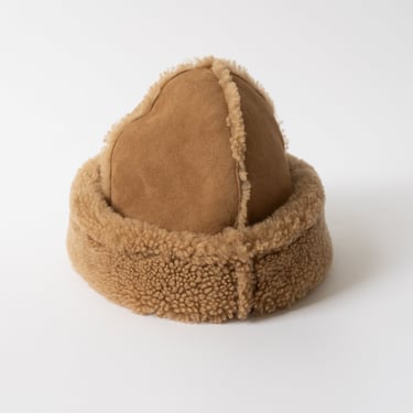 Suede and Curly Shearling Seam Out Cap in Tan