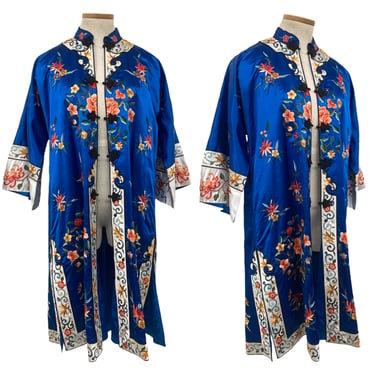 Vtg Vintage 1960s 60s 1970s 70s Chinese Floral Embroidered Turquoise Duster Robe 