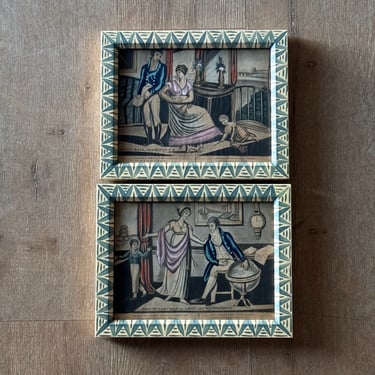 Pair of 19th C. Hand-colored English Engravings of Love, Marriage, & Retirement in Blue Gusto Painted Frames