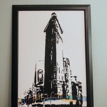 Vintage MCM Framed Screen print on Canvas Artist Signed Flatiron Building New York City 