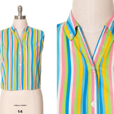 Vintage 1960s Blouse | 60s Striped Cotton Colorful Collared Button Up Sleeveless Separates Top (medium/large) 