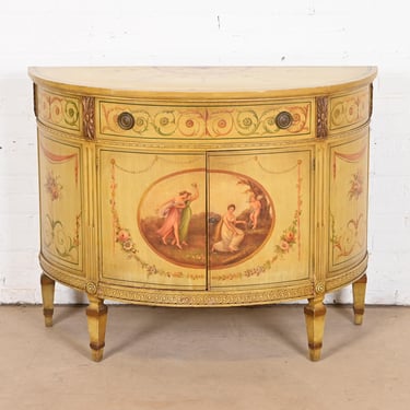 Italian Neoclassical Hand Painted Demilune Console or Bar Cabinet