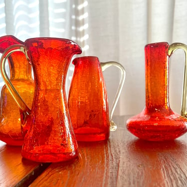 Choice! UV Glow Vintage Rainbow Glass Cadmium Ombre Crimson Red & Yellow Art Crackle Glass Pitcher Vases Handblown Pontil Mark, 1960's 