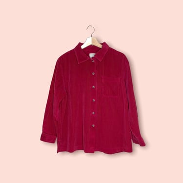 Vintage LL Bean Cranberry Wide Wale Corduroy Button Down Shirt, Size Large petite 