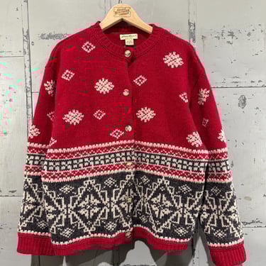 Vintage Wool Eddie Bauer knit Sweater Chunky Knit Nordic Style Snowflake Design Red 