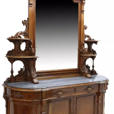 Sideboard, MIrrored, Carved Wood, Monumental, Renaissance Revival, 126"H, 1900s!