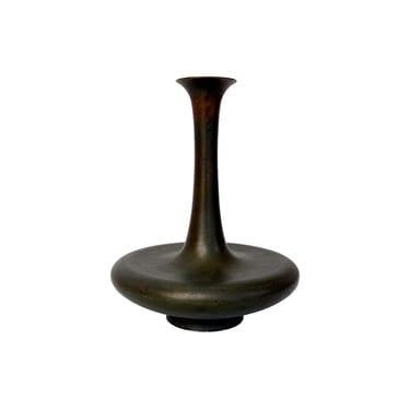Squat Japanese Bronze Bud Vase with Applied Patina