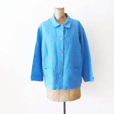 Vintage 90s Blue Linen Jacket M L  - 1990s  Boxy Linen Button Up Jacket  - Minimalist Jacket Carole Anderson 