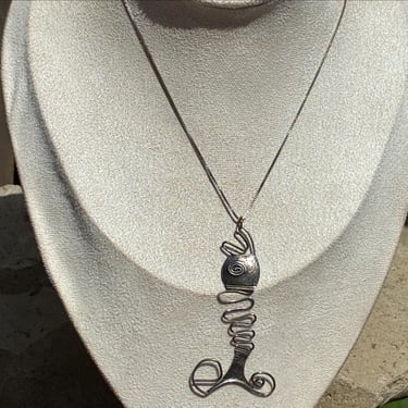 Vintage Sterling Silver Hand Made Boho Fish Bone Pendant on Lightweight 18 Inch Sterling Chain Necklace 
