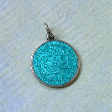 Vintage Sterling and Turquoise Enamel Saint Christopher Pendant, Old St. Christopher Medal, Unmarked Charles Thomae St. Christopher (#3956) 