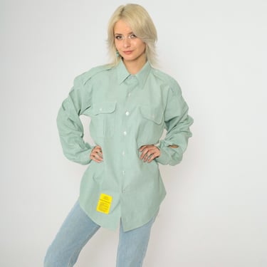 Light Green Button Up Shirt Y2K Oxford Work Shirt Plain Long Sleeve Collared Top Retro Basic Simple Utility Collar Vintage 00s 17 x 36/37 