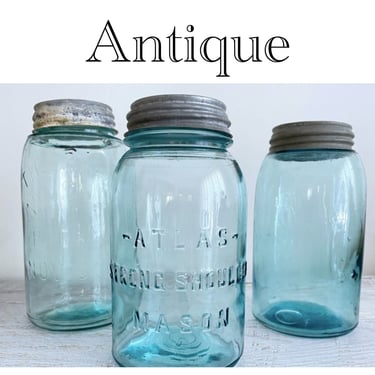 3 Antique collectible Ball jars with zinc lids, Blue glass Atlas Mason jar, farmhouse kitchen storage container, country cottage shelf decor 