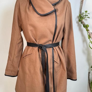 Camel Wrap Coat Black leather Trim | Belted Shawl Collar Coat | Minimalist Winter Jacket 