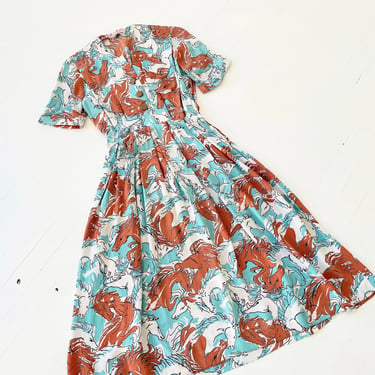 1940s Horse Print Rayon Dress 